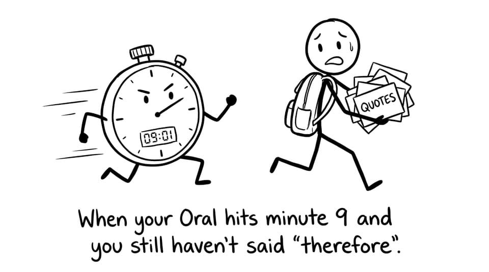 A stopwatch chasing a student carrying quote cards