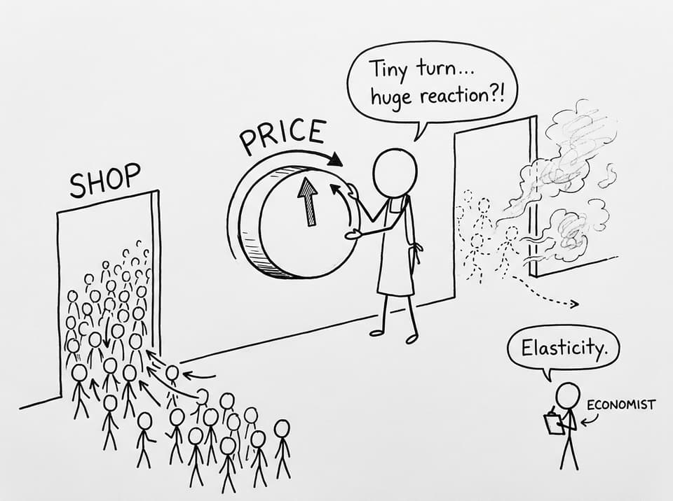 Shop owner turns PRICE knob; tiny economist says Elasticity