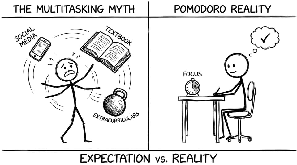 A student trying to multitask revision while everything falls, next to a calm timer-based study block