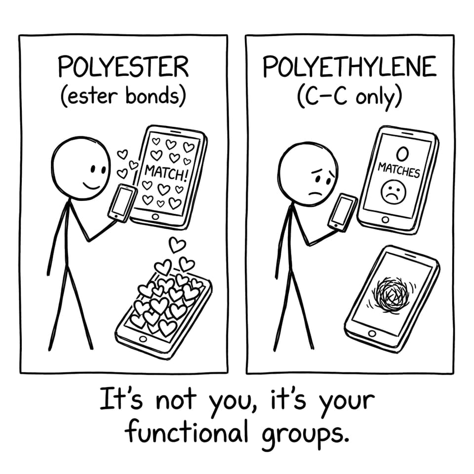 Two polymers on a dating app: ester bonds get matches