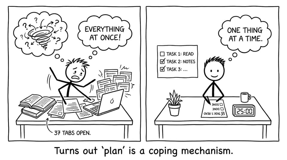 Two-panel comic: 37 tabs vs. simple checklist and timer