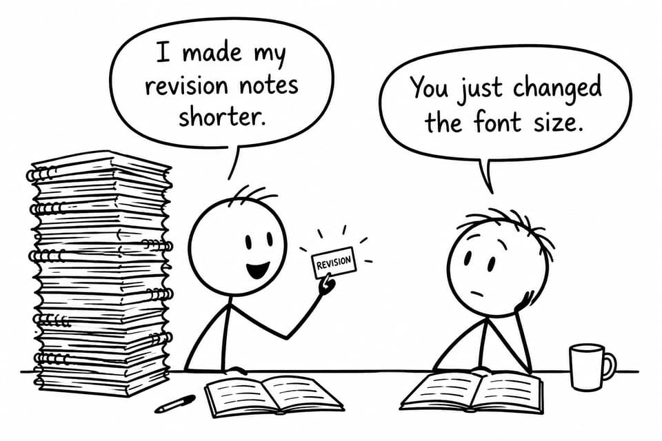 Two students compare a tiny revision card with a huge stack of notebooks