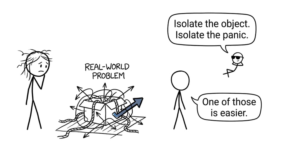 A calm free-body dot advising a stressed physics student to isolate the object and the panic