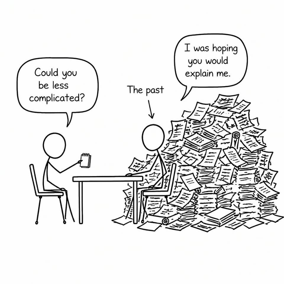 A history student asks the past to be less complicated while facing an enormous pile of documents