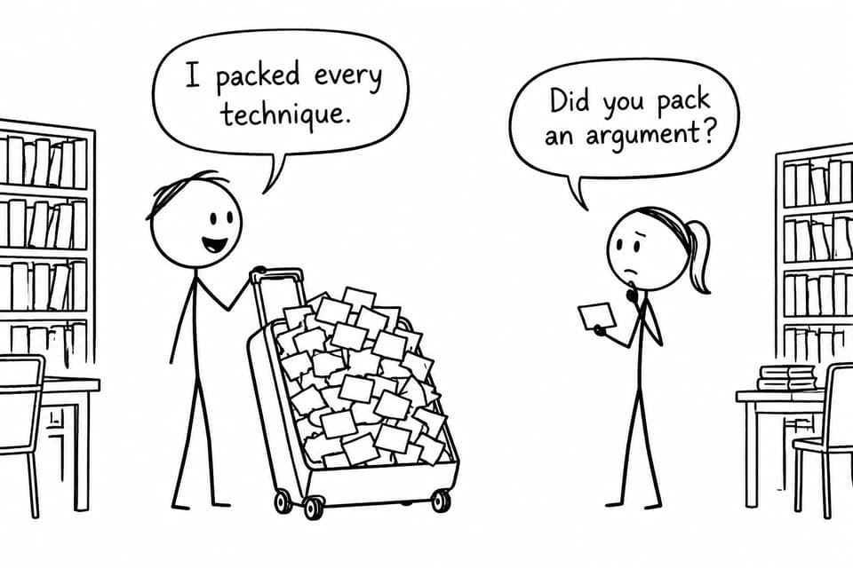 Two students compare an enormous suitcase of technique cards with one small page containing an argument