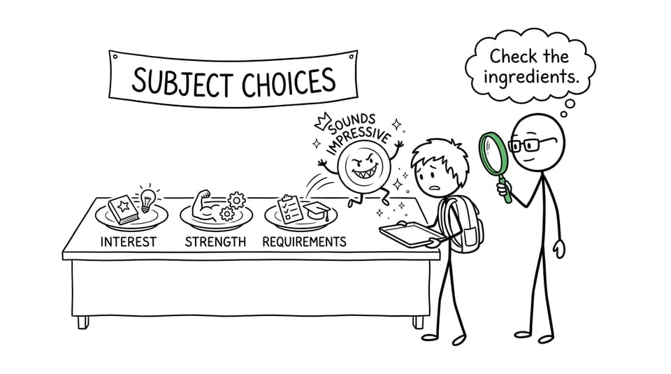 A student chooses between interest, strength, requirements, and a suspiciously impressive subject