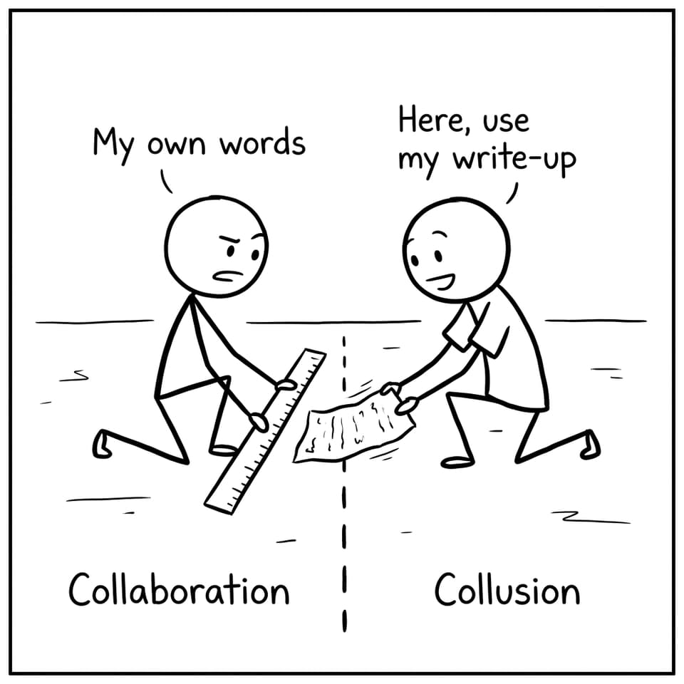 Two students separated by a line between collaboration and collusion