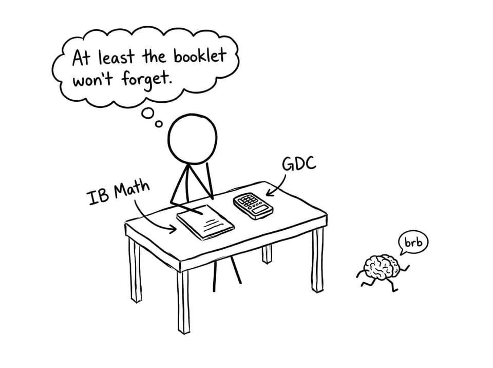 Exam desk with booklet, calculator, and brain running away