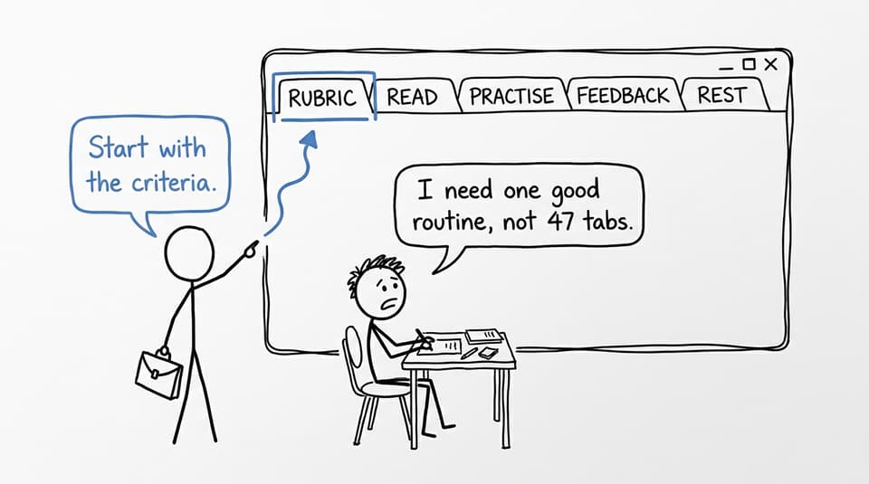 XKCD-style comic of a student choosing a focused study routine instead of opening too many browser tabs