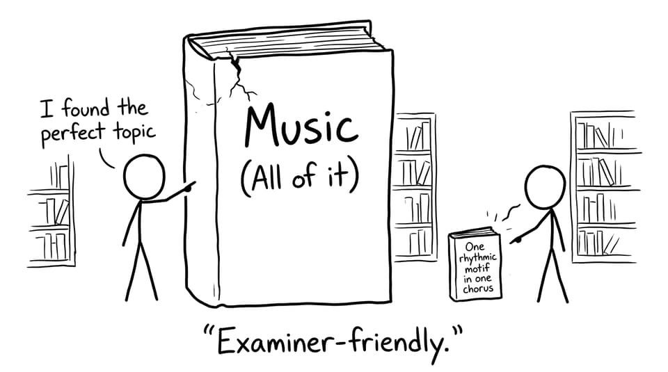 A giant book titled “Music (All of it)” vs a tiny focused topic book