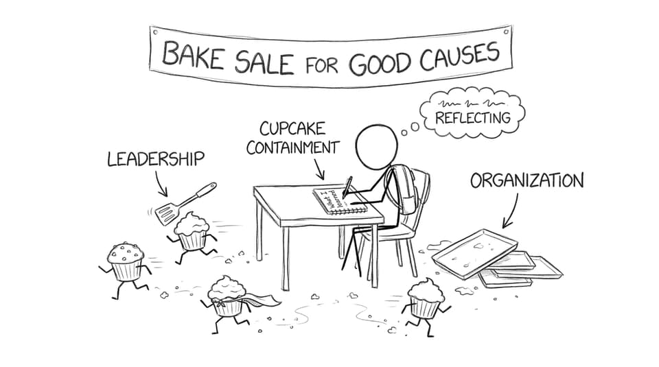 Bake sale chaos with calm reflection notebook