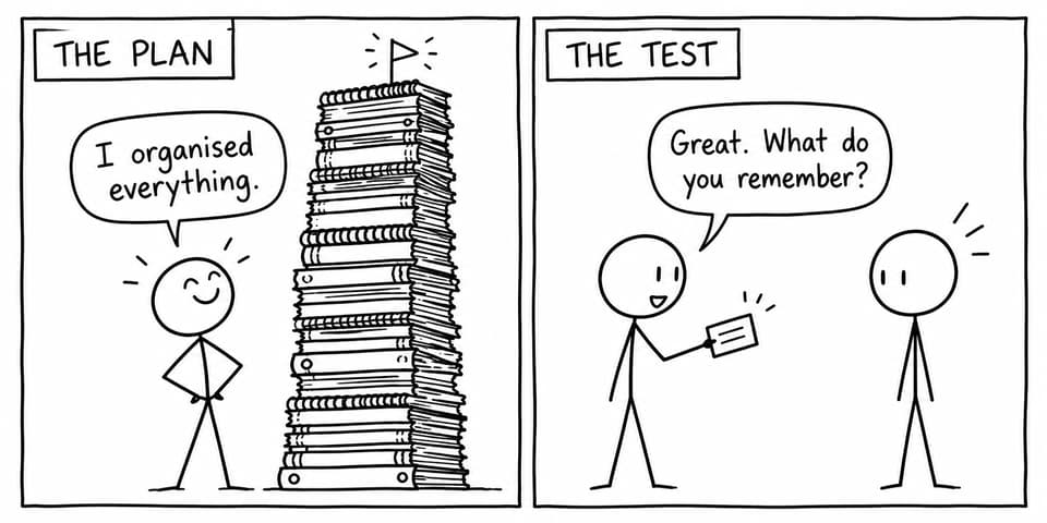 A student proudly presents a huge stack of organised notebooks before being asked what they actually remember