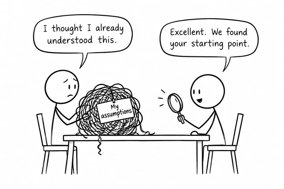Two students discover that a tangled bundle of assumptions is the real starting point for study