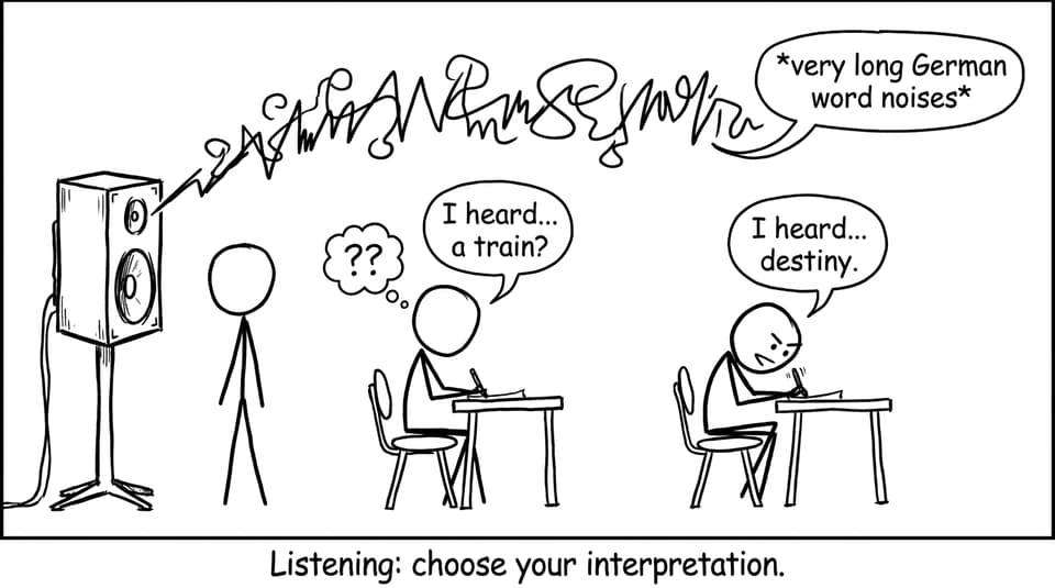 Comic about listening interpretation during an exam
