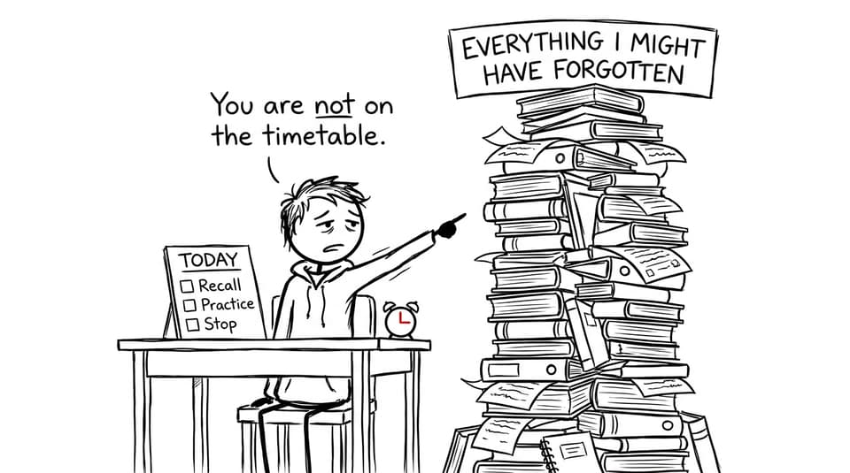 An IB student tells an impossible mountain of revision that it is not on today's timetable