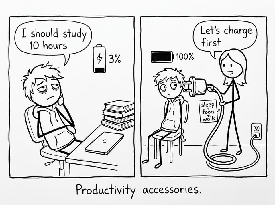 Two-panel battery joke: "I should study 10 hours" at 3% battery; parent plugs in charger labeled sleep+food+walk