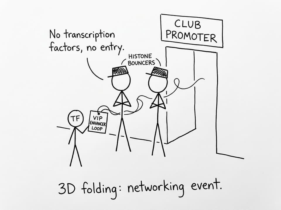 Promoter club with histone bouncers (XKCD style)