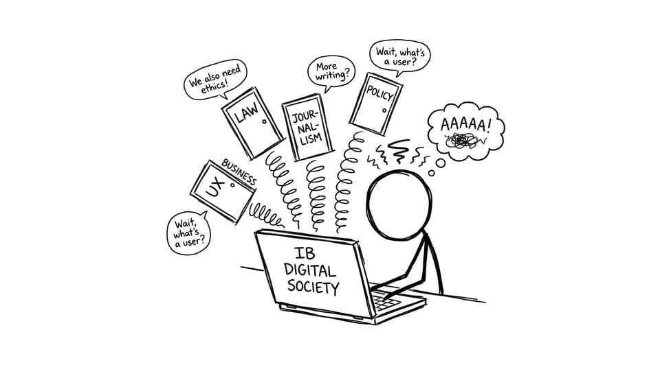 A student staring at career doors after opening IB Digital Society