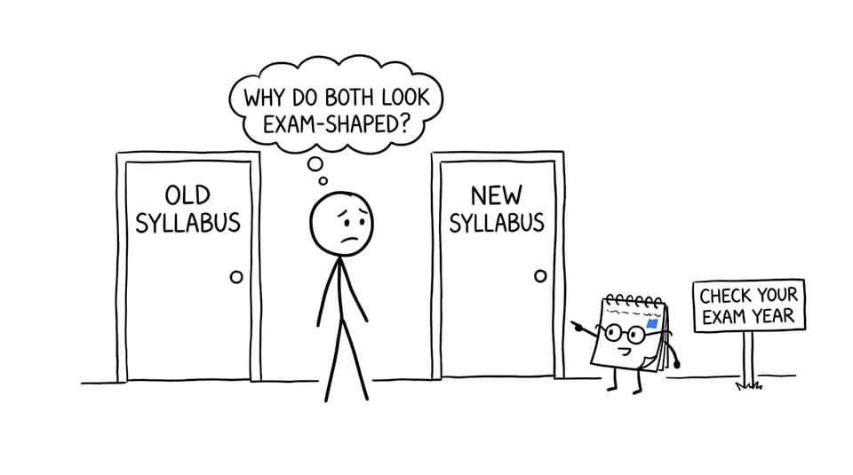 An IB student choosing between old and new syllabus doors