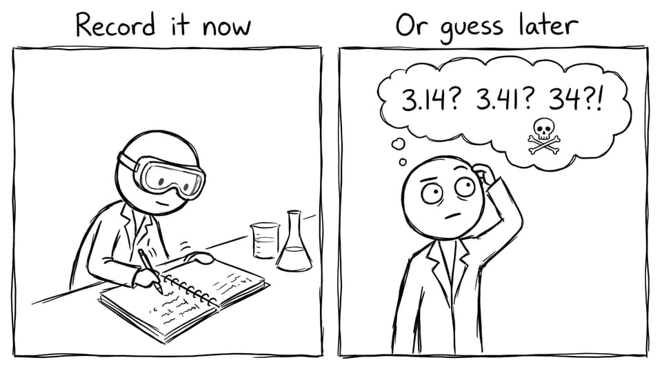 Two-panel comic: “Record it now” vs “Or guess later” with a thought bubble of random digits