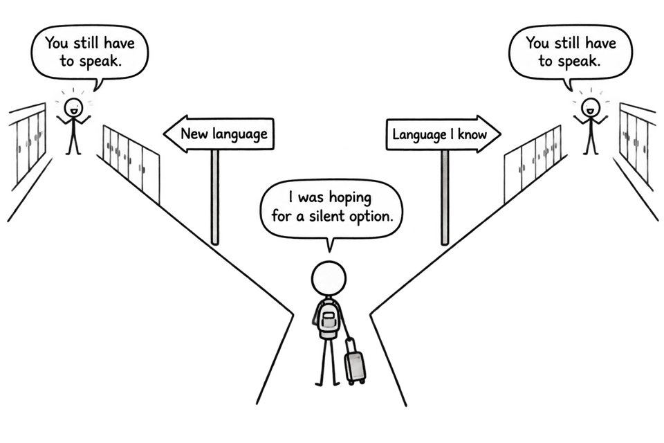 A student at a corridor fork discovers that both language routes still require speaking