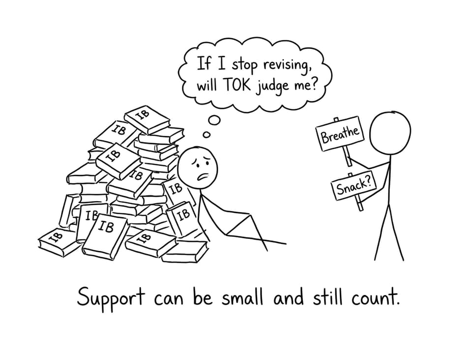 Student mountain of books and parent with snacks