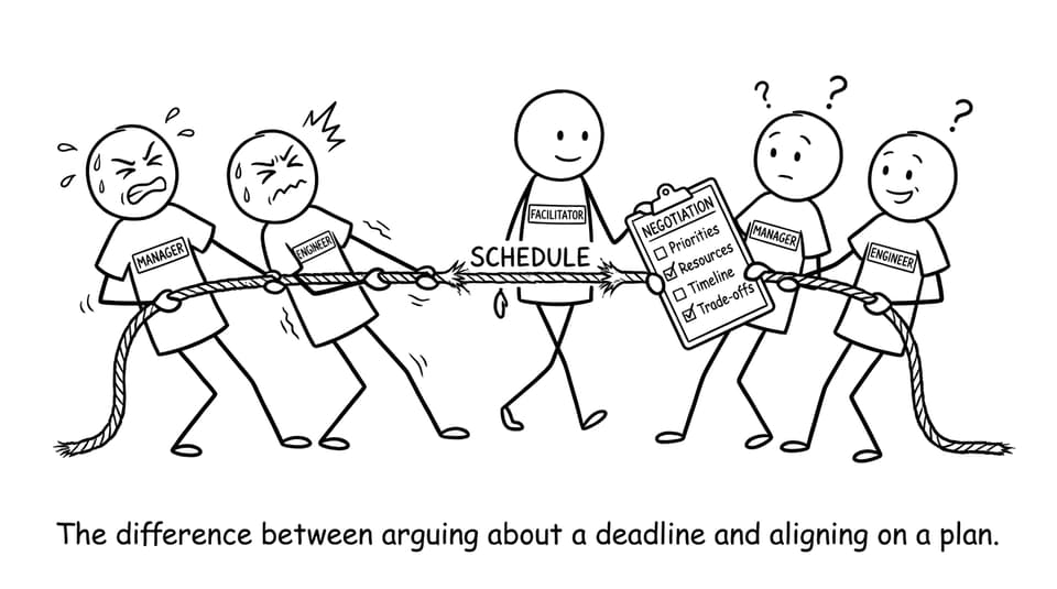 Tug-of-war rope replaced with a checklist labeled “Negotiation”