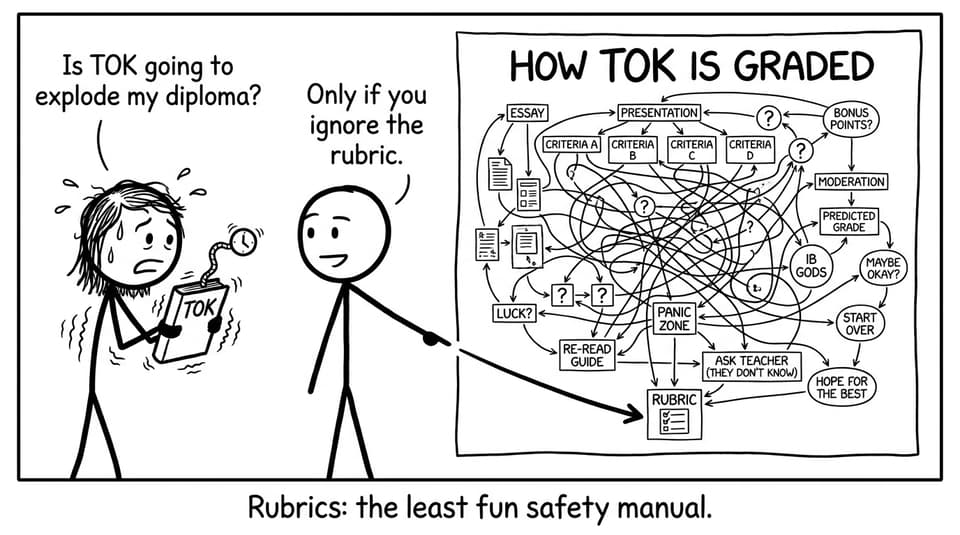 A student panics about TOK while a friend points to a rubric flowchart