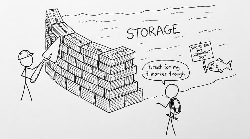 A dam built from flashcards (great for revision, awkward for fish)