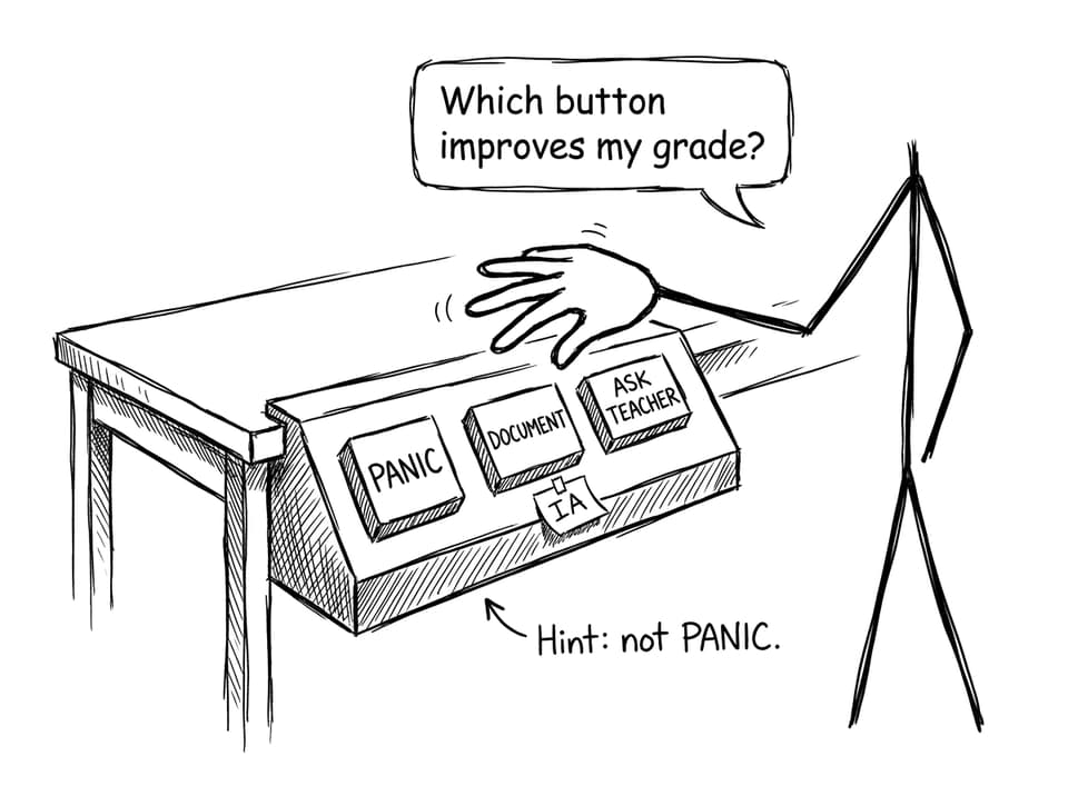 A control panel with PANIC vs DOCUMENT vs ASK TEACHER in an XKCD-style comic