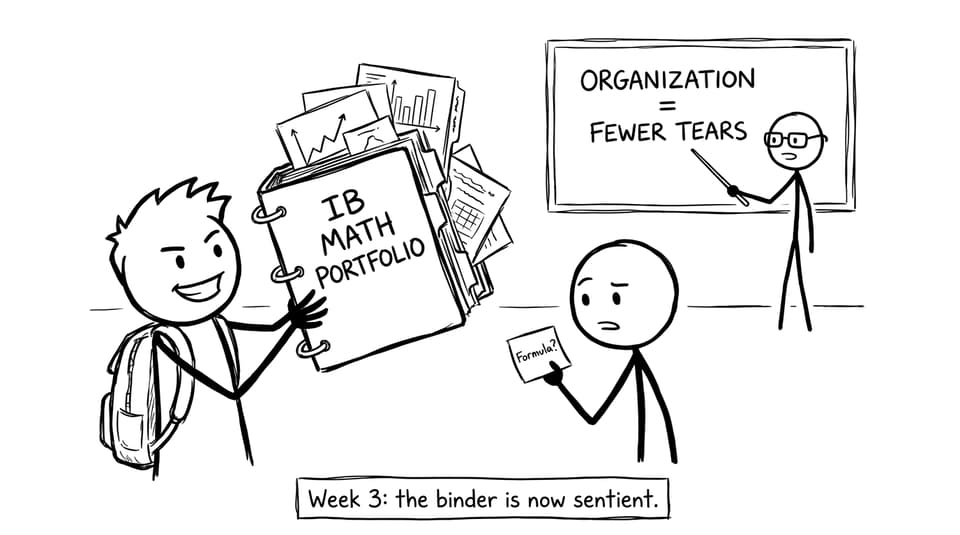 XKCD-style comic of an IB student with a sentient binder
