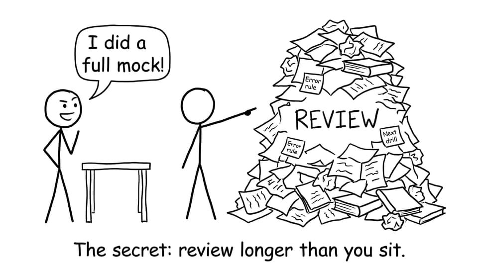 A towering “Review” pile next to a finished mock