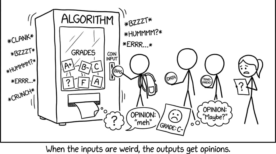 A vending machine called “Algorithm” dispensing grades while students try ‘bias’ coins