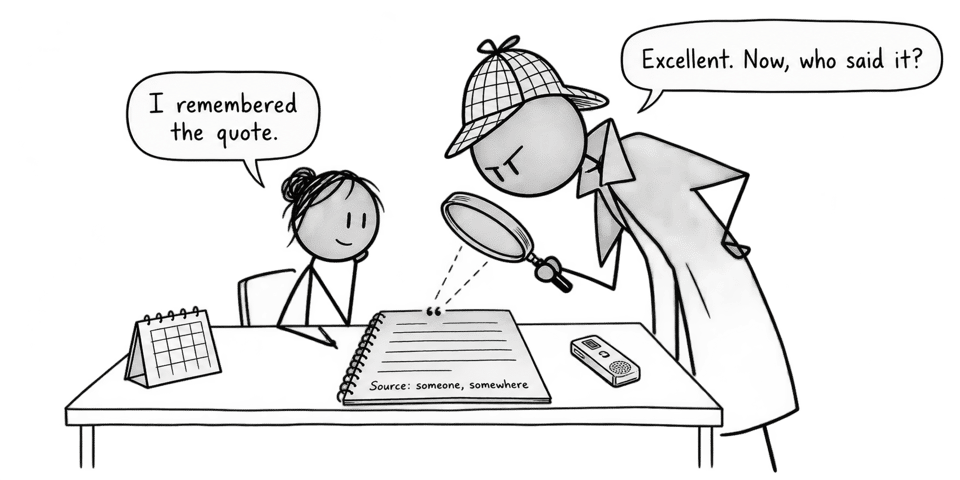 A student faces a detective investigating a quotation whose source details were never recorded