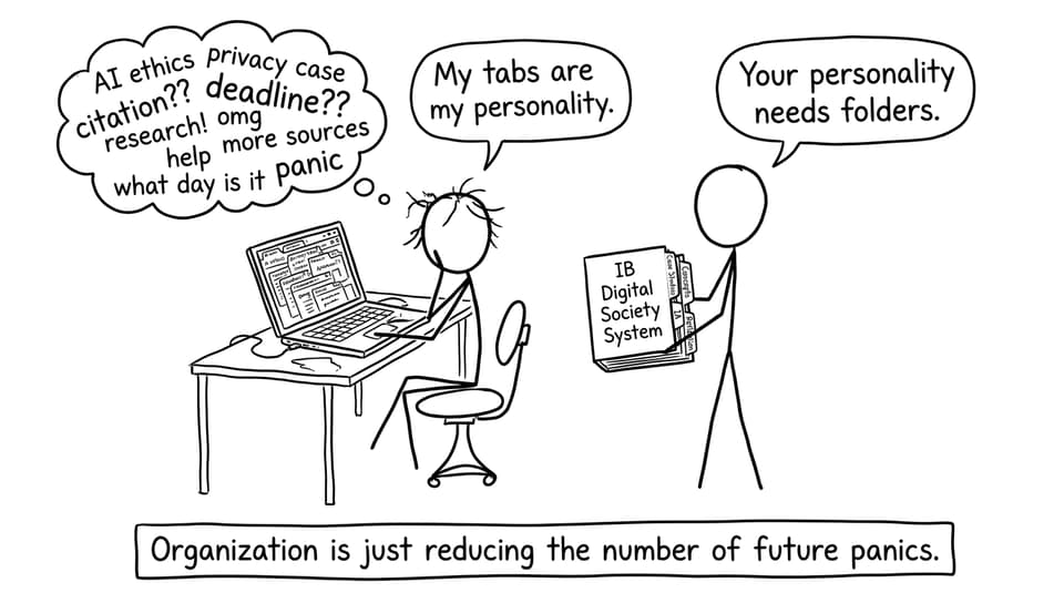 A funny IB Digital Society organization comic about browser tabs and folders