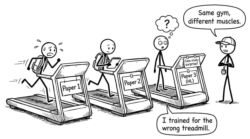 Three exam papers as different treadmills