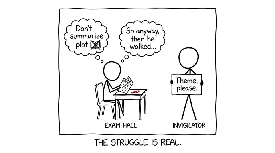 Exam hall: theme please, not plot