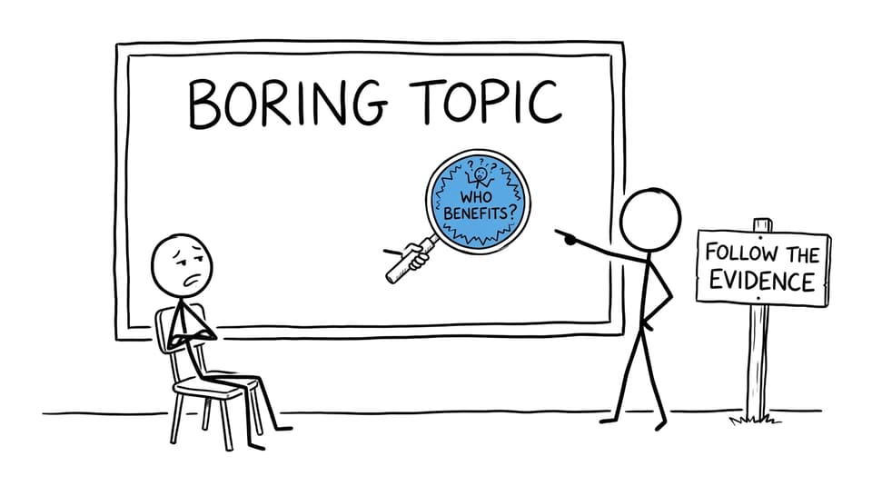 An XKCD-style comic about finding an interesting question inside a boring topic