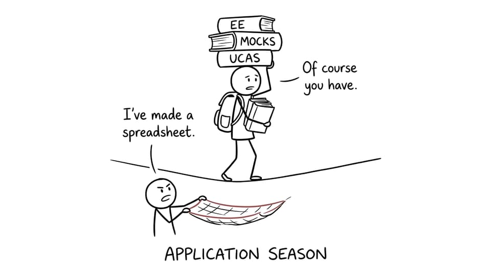 An IB student balances the EE, mocks, and UCAS while a parent arrives with a spreadsheet