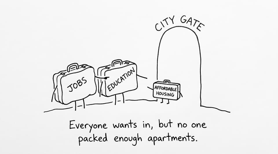 Suitcases arguing about housing comic