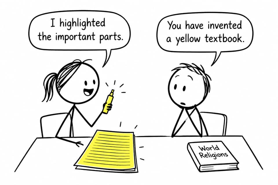 Two students discuss a page on which every line has been highlighted yellow