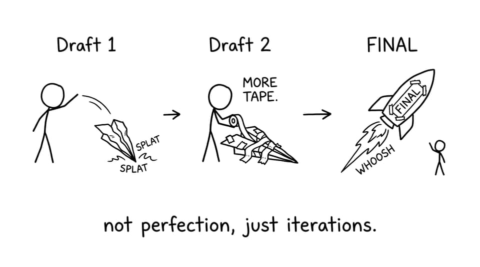 Draft 1 becomes Draft 2 becomes Final rocket