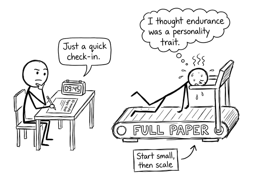 A funny comic about mini topic tests vs full paper marathons