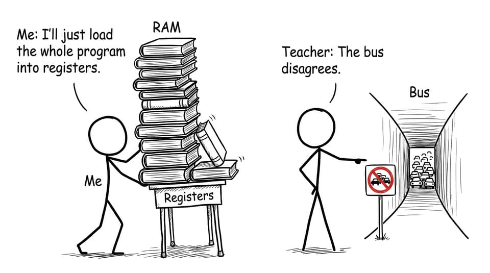 Comic: RAM vs Registers traffic jam