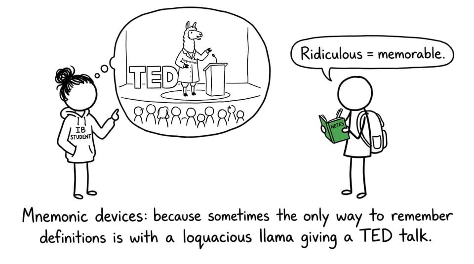 A llama in a lab coat gives a TED talk to represent a ridiculous mnemonic