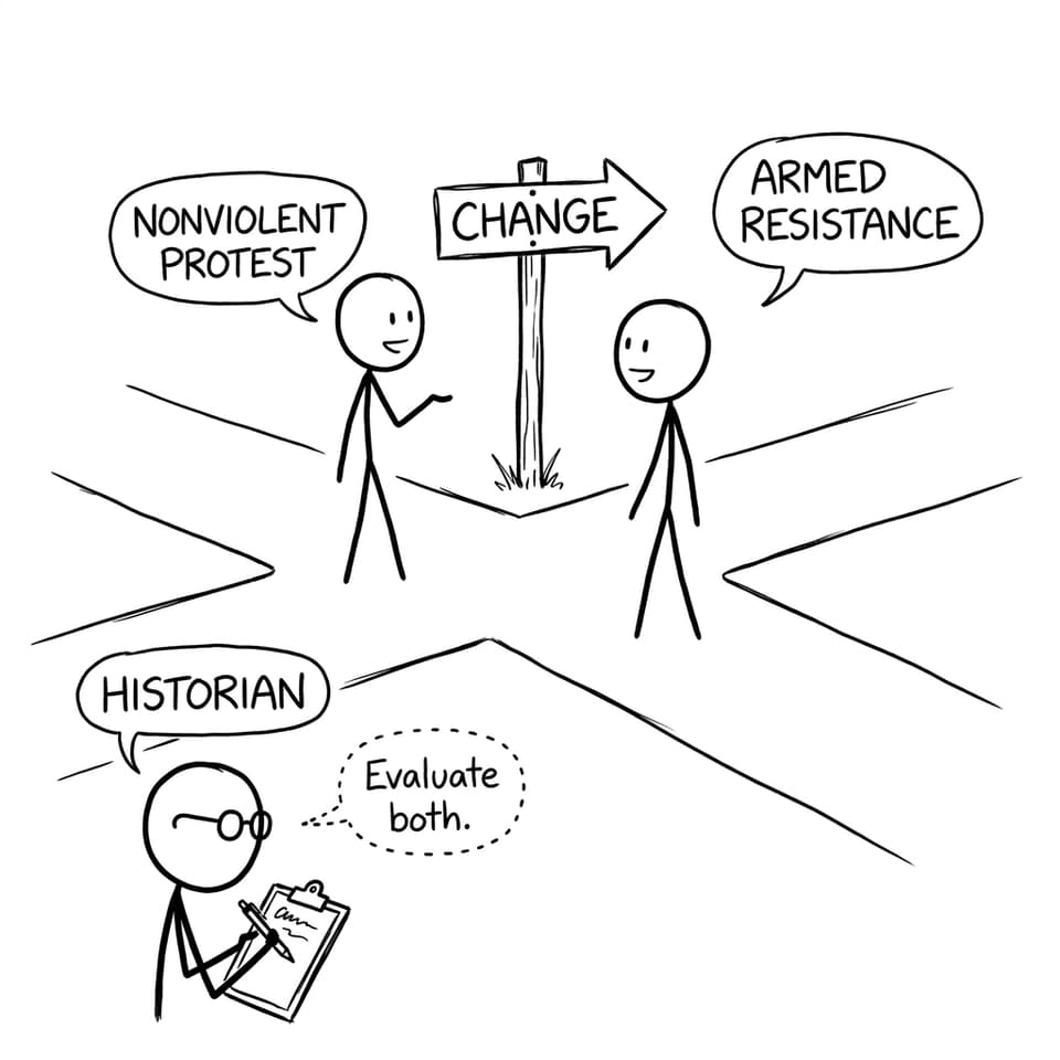 Nonviolent vs Armed Resistance crossroads comic