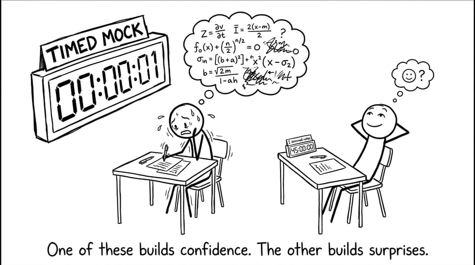 Two students comparing a timed mock vs skimming notes, highlighting confidence vs surprises
