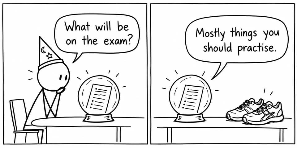 A student asks a paper inside a crystal ball what will appear in the examination, while the paper recommends practice instead