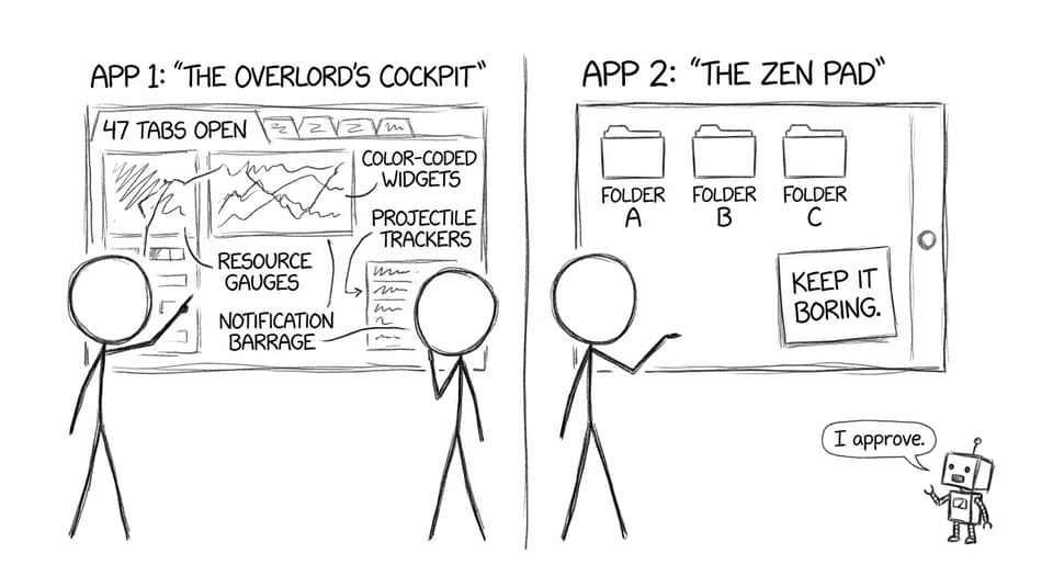 Two students choosing note apps like a spaceship cockpit