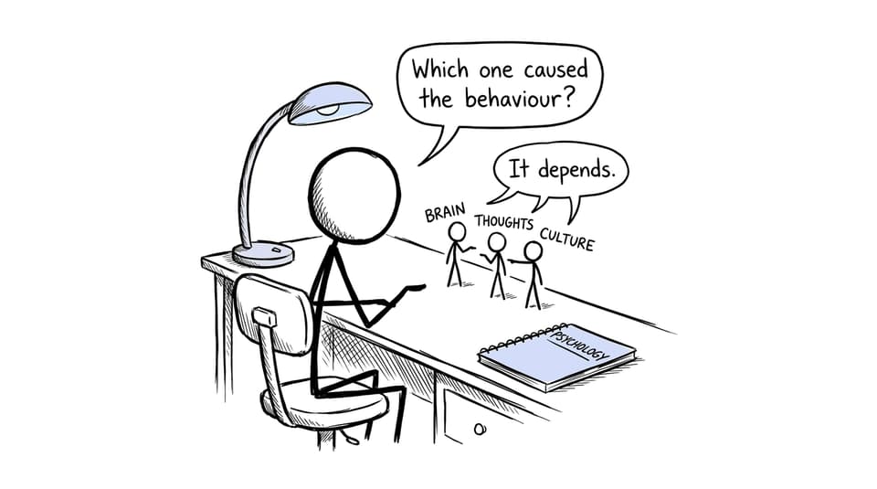 Three psychological approaches humorously blaming one another for behaviour